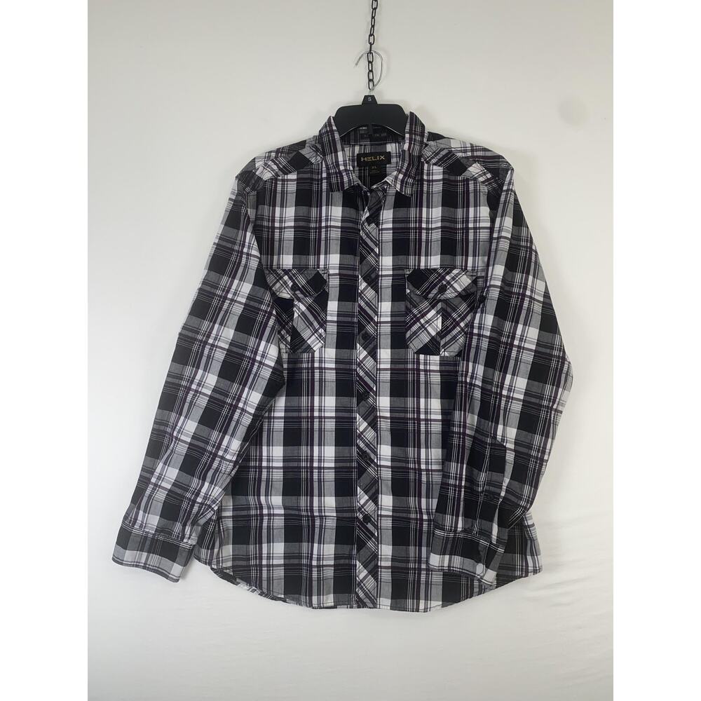 Helix Shirt Mens XL Black Purple Plaid Long Sleeve Button Up Athletic Fit Casual